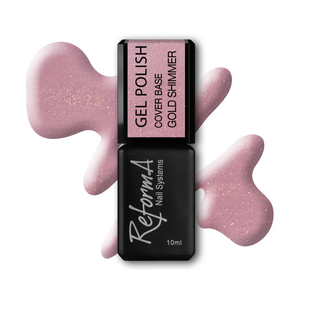 Cover Base Reforma Gold Shimmer, błyszcząca, coverowa baza ze złotym brokatem, 10 ml Cover Base Reforma Gold Shimmer, błyszcząca, coverowa baza ze złotym brokatem, 10 ml