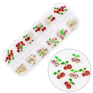 Kasetka z ozdobami wiśnie z cyrkoniami Molly Nails 36 sztuk