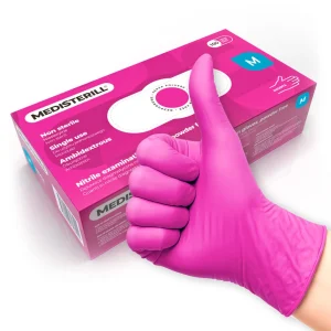 Rękawiczki nitrylowe, jednorazowe, bezpudrowe Medisterill, 100szt. rozmiar M, magenta