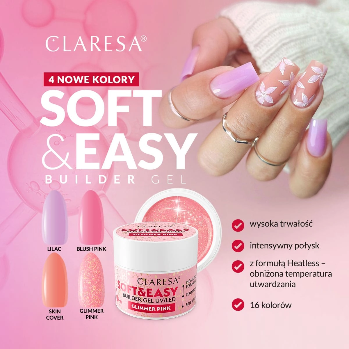 Claresa Żel budujący SOFT&EASY builder gel Glimmer pink 45g